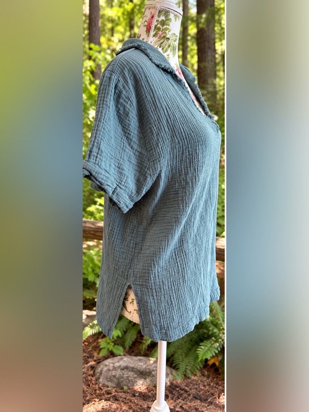 Zenana Blue Gray Double Cotton Gauze Collared V Neck Top Medium NWOT